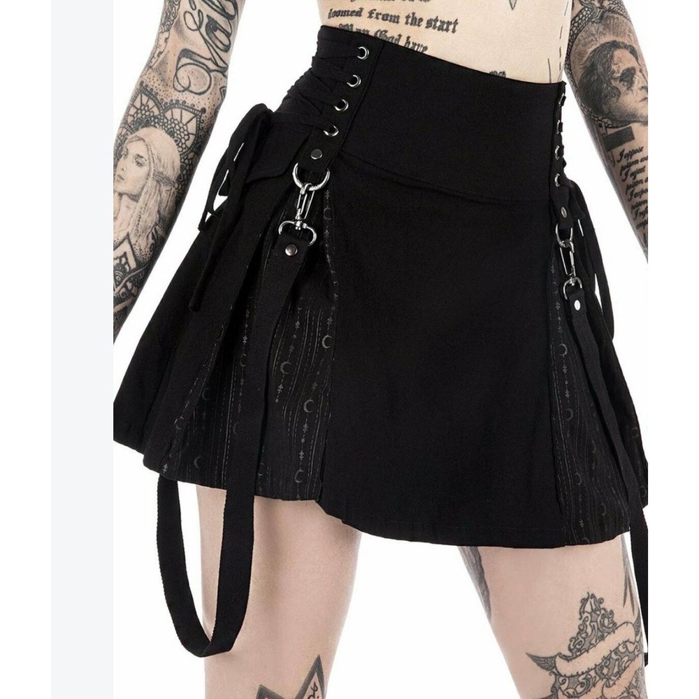 Killstar High Waist Corset Lace Up Pleated Mini Skirt Black Gothic Straps L